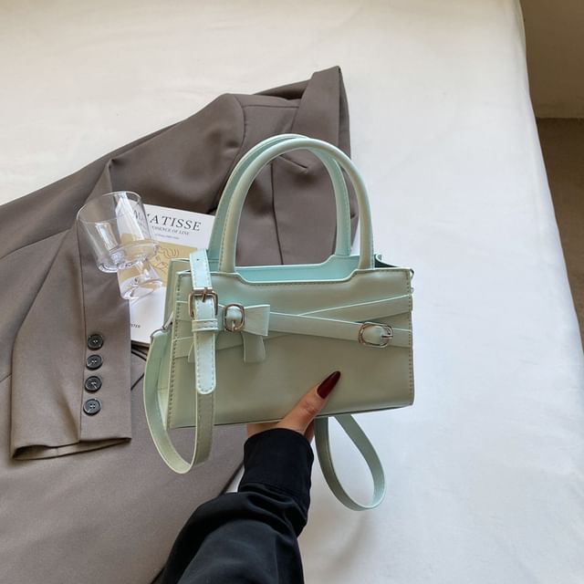 Handle Crossbody Faux Bag Leather Top Buckled Bow