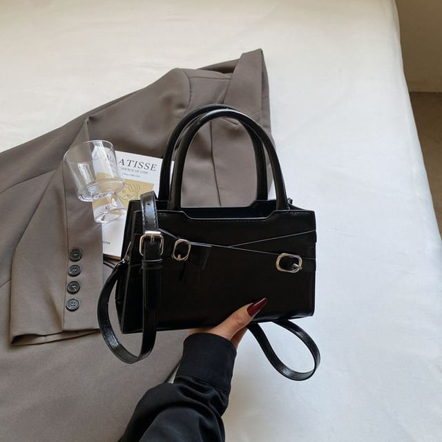 Handle Crossbody Faux Bag Leather Top Buckled Bow