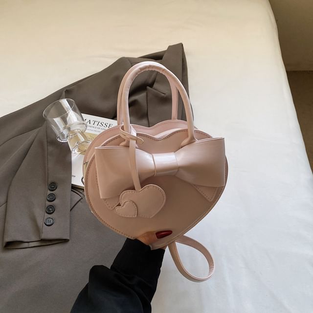 Faux Bag Leather Bow Handle Heart Top Crossbody