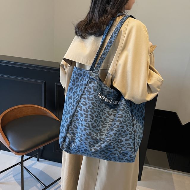 Denim Print Leopard Bag Tote