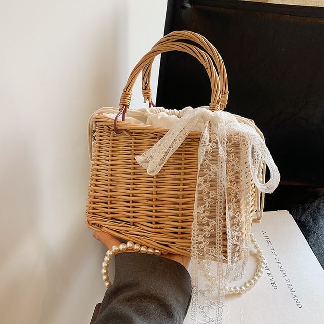 Strap Pearl Crossbody Straw Bag Faux Set: Drawstring Scarf +