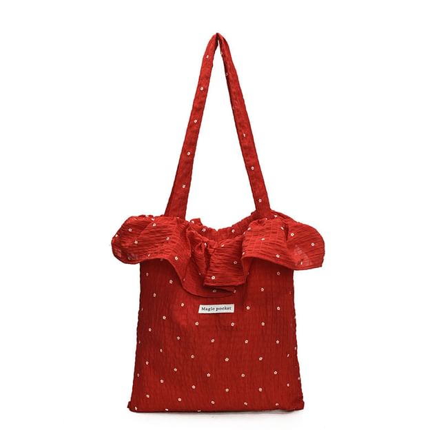Tote Bag Embroidered Trim Floral Ruffle