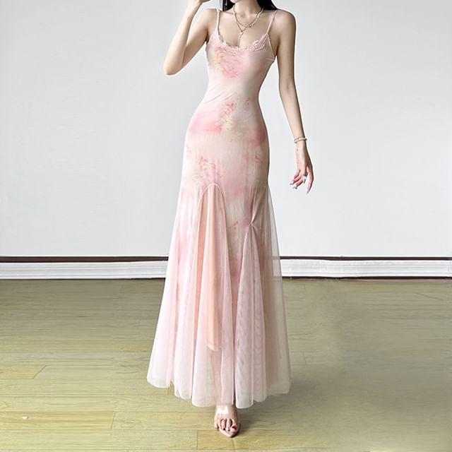 Lace Trim Mesh Maxi Mermaid Dress with Tie Dye Print and Scoop Neck