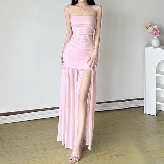 Strapless Plain Ruched Slit Mesh Maxi A-Line Dress