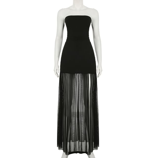 Strapless Plain Ruched Slit Mesh Maxi A-Line Dress