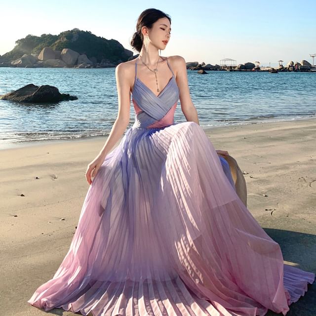 Spaghetti Strap Two Tone Wrap Accordion Pleat Maxi Sundress