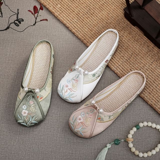 Pearl Embroidered Mules Faux Floral