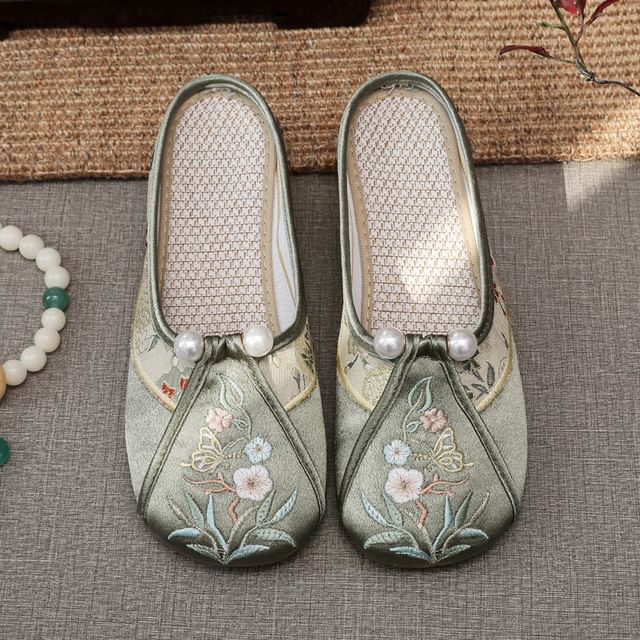 Pearl Embroidered Mules Faux Floral