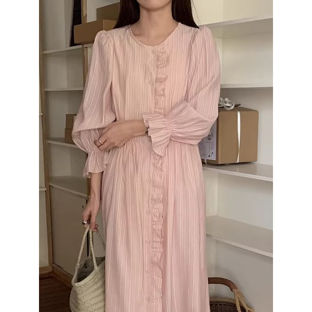 Puff Sleeve Striped Ruffle Maxi Smock Dress