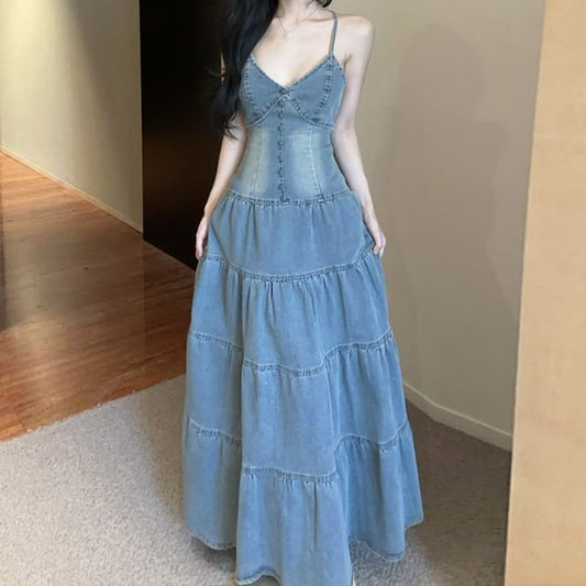 Spaghetti Strap V-Neck Washed Tiered Panel Maxi A-Line Denim