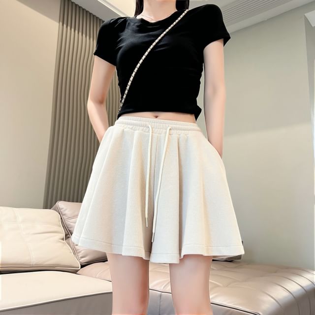 Shorts Waist Plain Drawstring Leg Wide