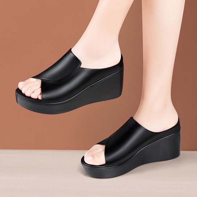 Plain Platform Wedge Heel Slide Sandals
