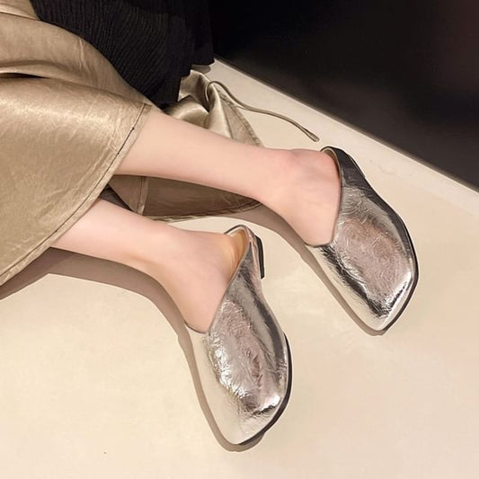 Toe Metallic Square Faux Mules Leather