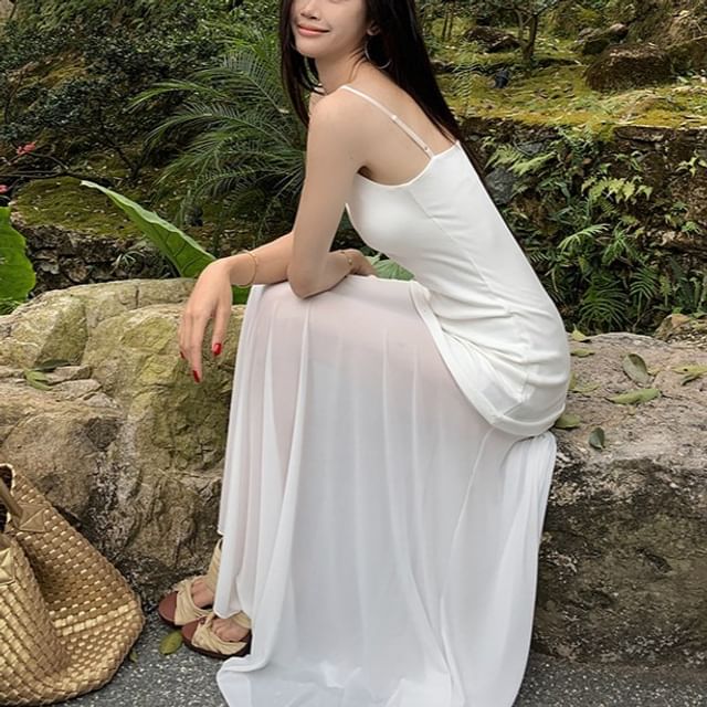 Scoop Neck Plain Maxi Sundress with Spaghetti Straps