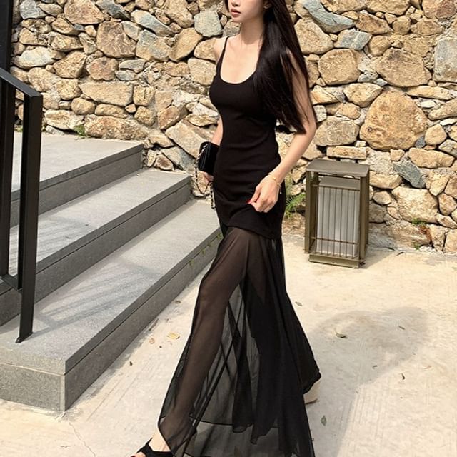 Scoop Neck Plain Maxi Sundress with Spaghetti Straps