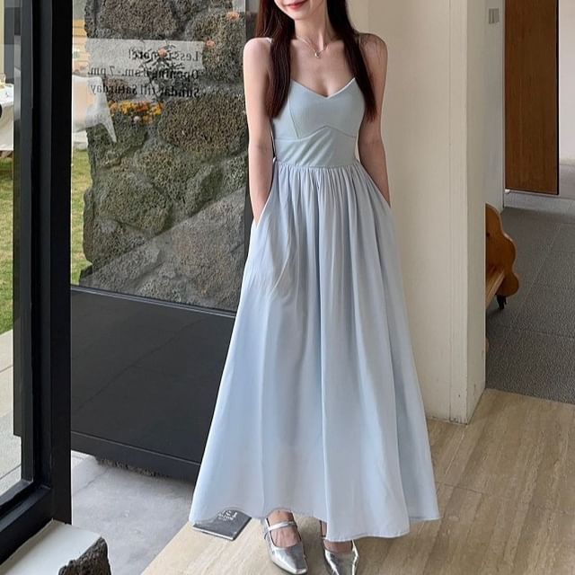 V-Neck Plain A-Line Maxi Dress with Spaghetti Straps