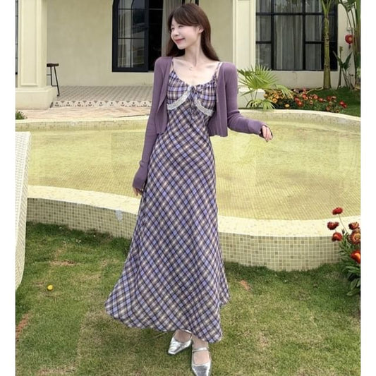 Plaid Maxi A-Line Dress with Scoop Neck and Plain Crop Cardigan