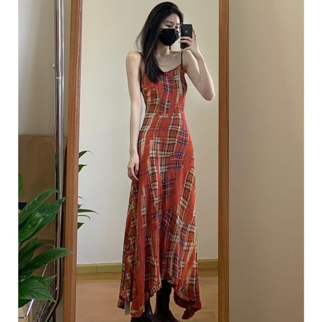 Plaid Asymmetrical Maxi Sundress with Spaghetti Straps