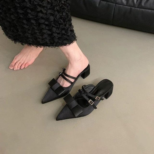 Toe Chunky Mules Mary Heel Bow Pointed Jane