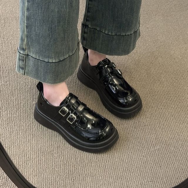 Faux Leather Loafers Platform Buckled