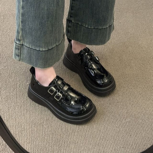 Faux Leather Loafers Platform Buckled