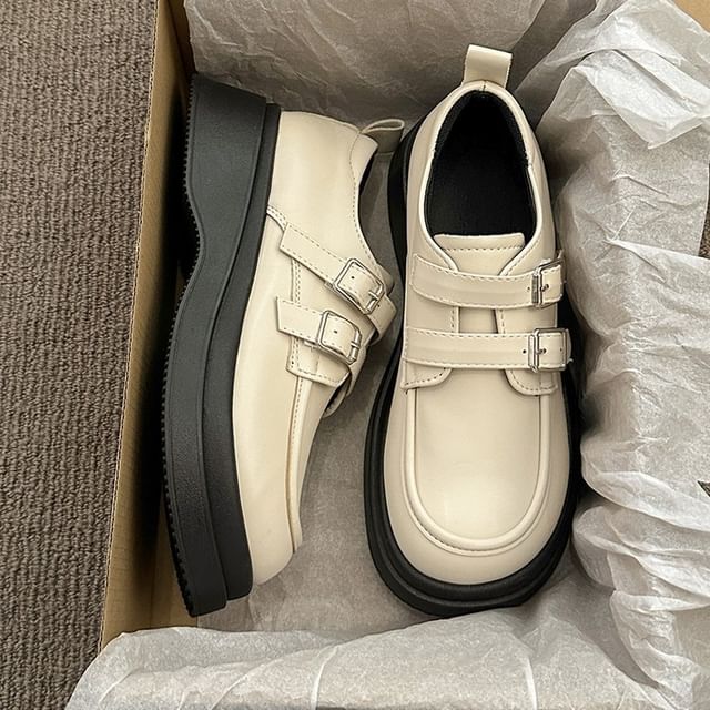 Faux Leather Loafers Platform Buckled