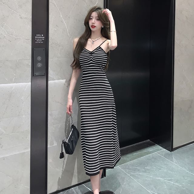 Striped Shirred Midi Knit Dress with Spaghetti Straps