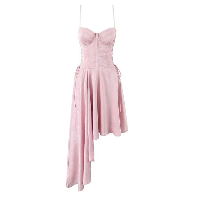 Lace-Up Asymmetrical Midi A-Line Dress with Spaghetti Straps