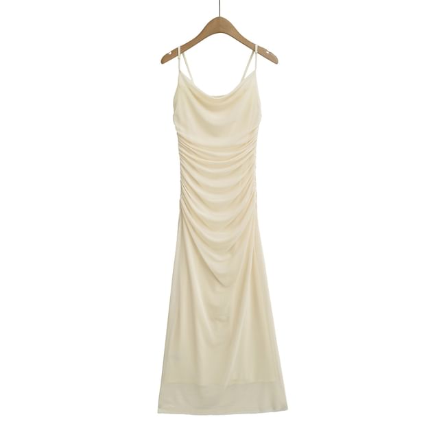 Ruched Midi A-Line Dress with Spaghetti Straps
