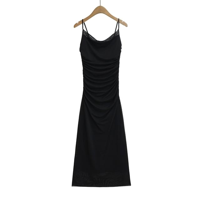 Ruched Midi A-Line Dress with Spaghetti Straps