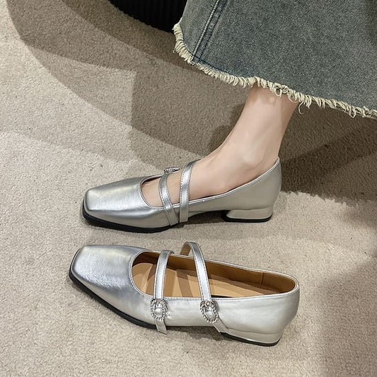 Square-Toe Low Heel Double Strap Sandals