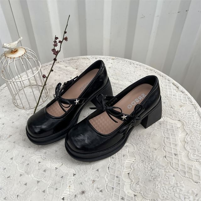 Bow Jane Shoes Heel Chunky Mary