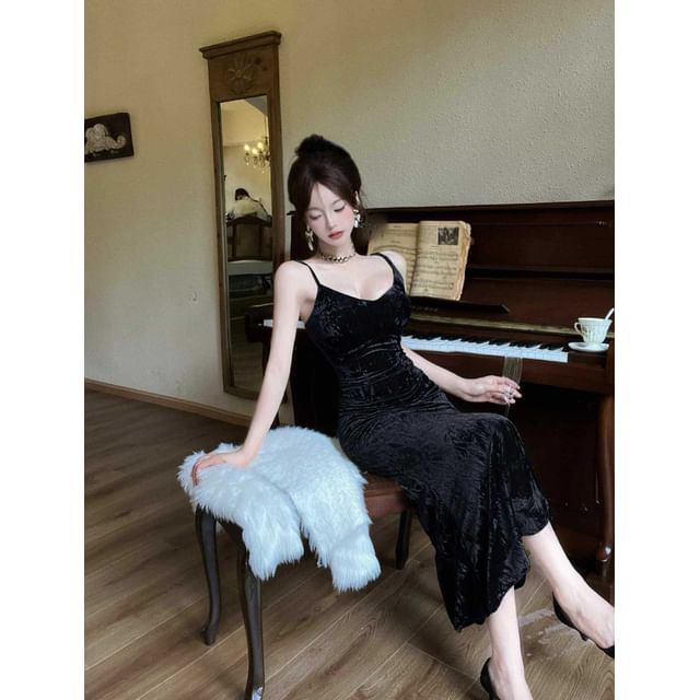 Velvet Midi Mermaid Dress with Sash and Spaghetti Straps