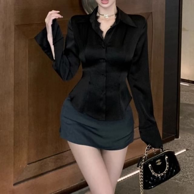 Button-Up Mini High / Collared Trim Skirt Plain Pencil Long-Sleeve Blouse Rise Lace