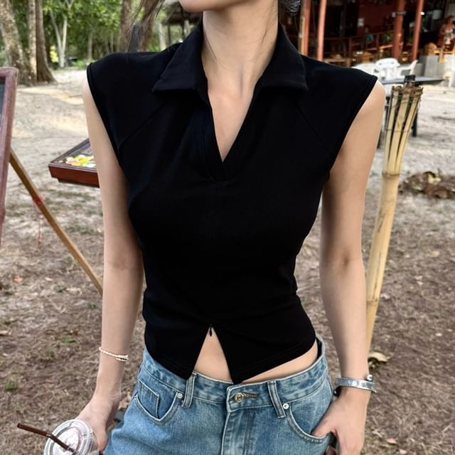 Collared Top Zipped Crop Sleeveless Plain Slim Slit Fit