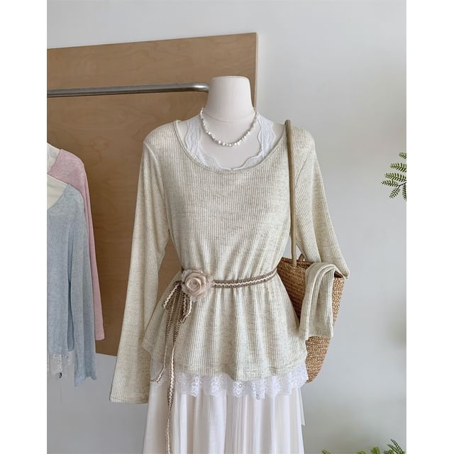 Neck Trim Long-Sleeve Plain Tee Round Lace