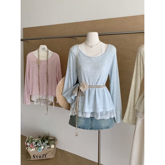 Neck Trim Long-Sleeve Plain Tee Round Lace