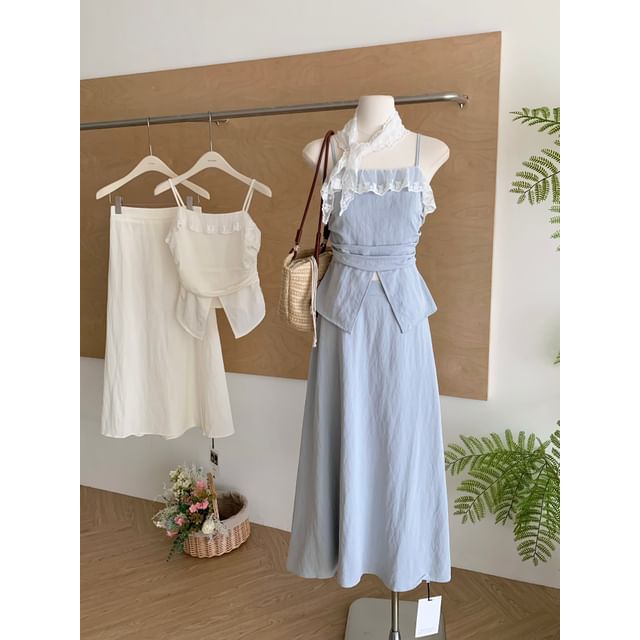 Set: Camisole Rise + Front-Slit Plain Lace Skirt Top High Midi A-Line Trim