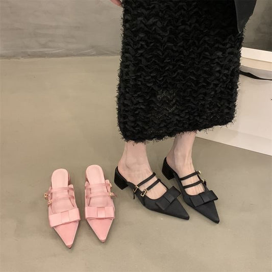 Pointed Toe Bow Chunky Heel Mary Jane Mules