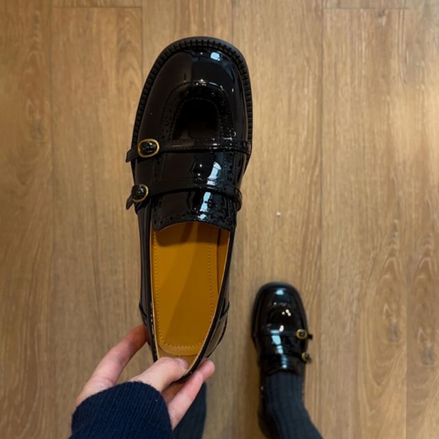 Chunky Leather Buckled Loafers Heel Faux