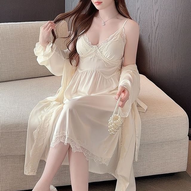 V-Neck Lace Panel Nightdress with Thin Straps
