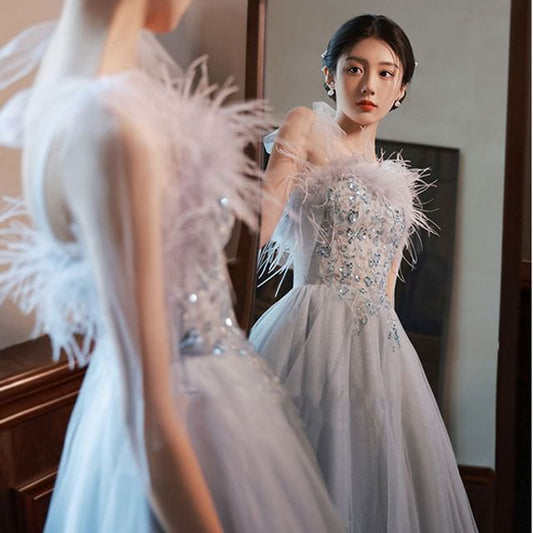 Sequined Fluffy Tie-Shoulder A-Line Gown Evening Trim