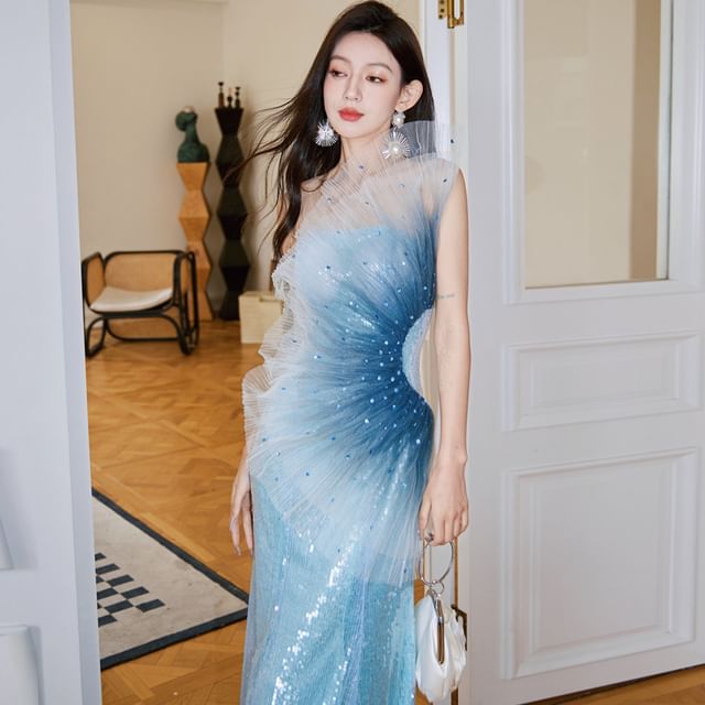 Shoulder Gown Evening Sequined Mermaid Ombre One