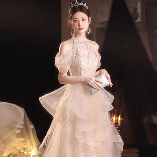 Sequined A-Line Ruffled Evening Gown Cold-Shoulder