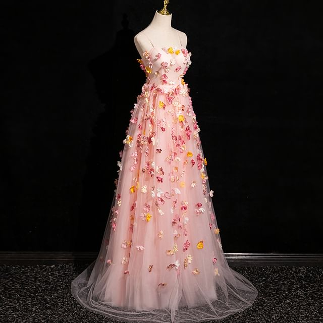 Spaghetti Floral Applique Strap A-Line Gown Evening Mesh