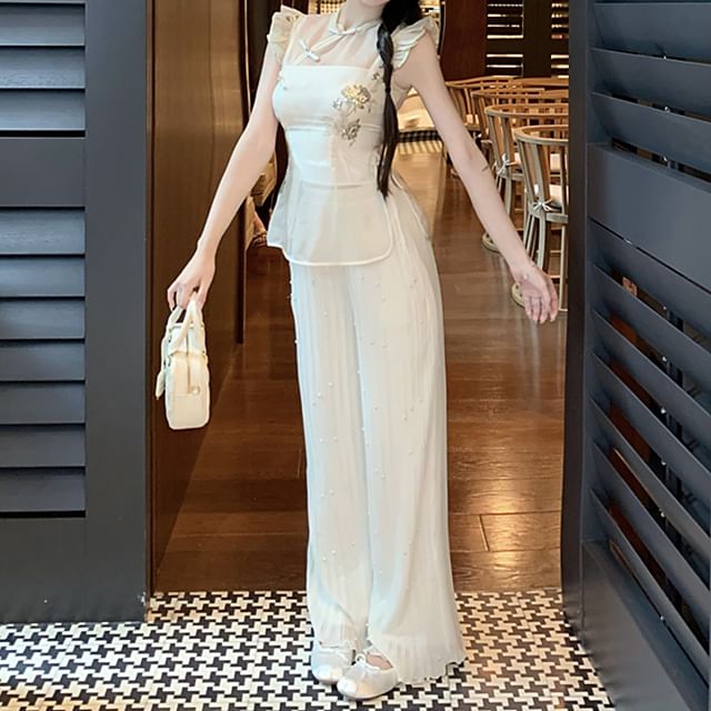 Cap-Sleeve Stand Collar Floral Embroidered Frog Buttoned Slit Top / Plain Crop Tube Top / High Rise Wide Leg Pants / Set
