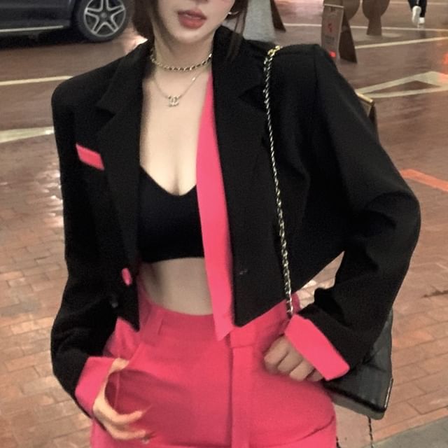 High Waist Plain Mini Pencil Skirt / Mock Two-Piece Notch Lapel Two Tone Blazer (Various Designs)