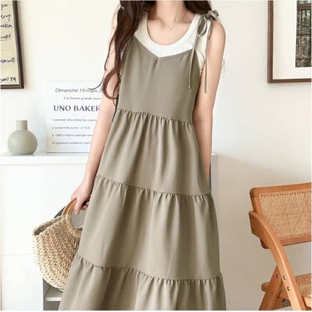 Tie Shoulder Plain Tiered Maxi A-Line Dress