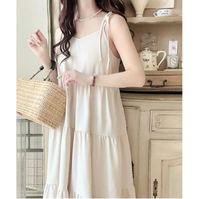 Tie Shoulder Plain Tiered Maxi A-Line Dress