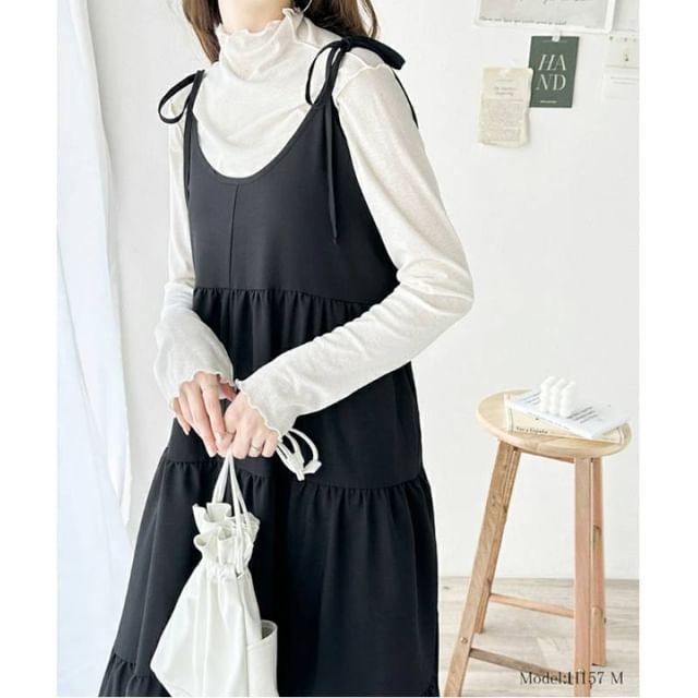 Tie Shoulder Plain Tiered Maxi A-Line Dress